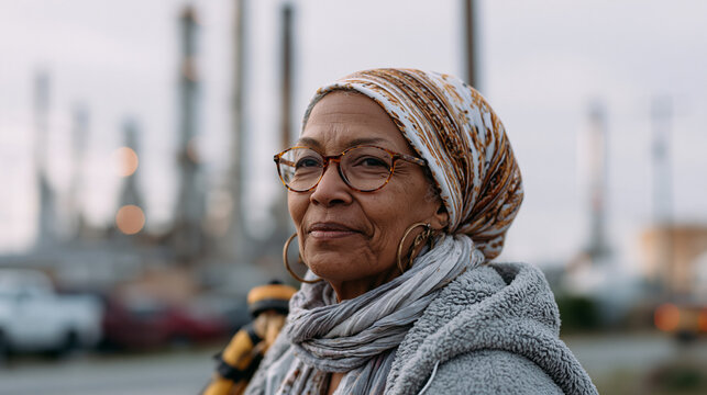 Frontline environmental justice advocate standing at industrial fence line, pollution monitoring equipment in hand, refinery smokestacks behind, community air quality testing,