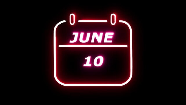 4k June month calendar day icon animation. Glowing neon number text animation on black 