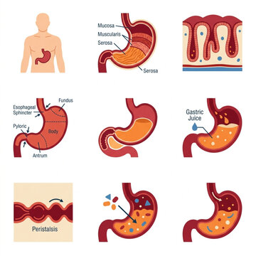 Human Stomach Anatomy and Digestion Process Illustration.