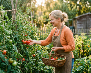 Fototapeta premium Woman harvesting ripe tomatoes in sunlit home garden