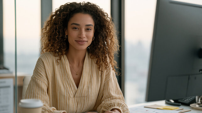 Senior marketing executive participates in one-on-one coaching platform executive session via large monitor in glass-walled corner office, behavioral competency framework printed