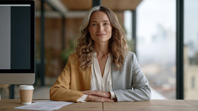Senior marketing executive participates in one-on-one coaching platform executive session via large monitor in glass-walled corner office, behavioral competency framework printed
