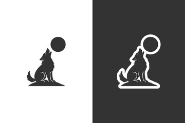 A minimalist silhouette of a wolf howling at a full moon against a split background © DzgnVibe