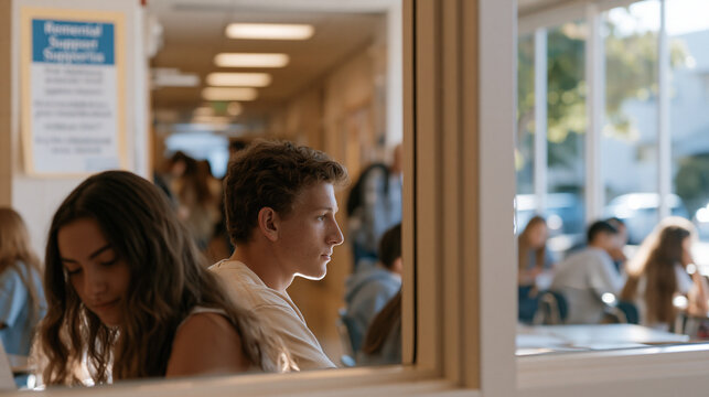 Gifted program testing room with only students from affluent zip codes visible through a window, while a hallway sign advertises remedial support for adjacent neighborhood