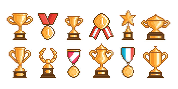 Pixel medals. Arcade game 8 bit style assets. Winner trophies, medal, goblet, order. Isolated retro computer play icons. Gold awards for leader, champion, tidy vector set