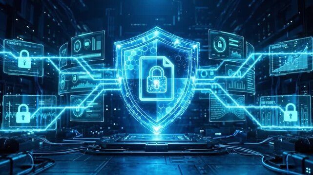 Cybersecurity data protection digital shield encryption network security information technology secure connection firewall cyber defense futuristic data center computer system digital lock safety