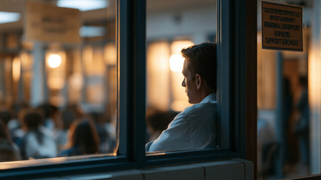 Gifted program testing room with only students from affluent zip codes visible through a window, while a hallway sign advertises remedial support for adjacent neighborhood