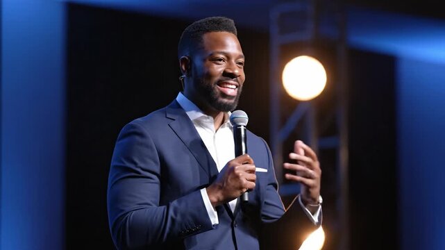 Black man in blue suit speaks into microphone on stage. Professional and engaging atmosphere with warm background lights. Ideal for business, education, or event promotion materials.