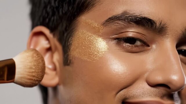 Close up of a man having gold shimmer highlighter applied to his cheek with a brush. Bold and glamorous beauty concept. Perfect for fashion magazines or cosmetics advertising.