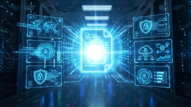 Data security digital lock cybersecurity data protection network security encryption cloud computing secure file information technology data privacy futuristic digital interface data center