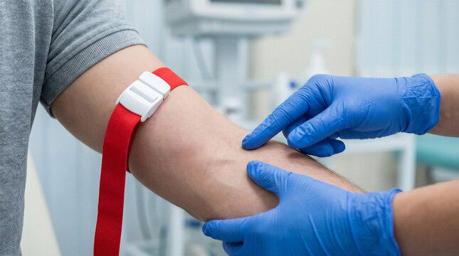 Medical worker locating vein with tourniquet before blood test, close-up of patient arm during phlebotomy procedure in clinic.