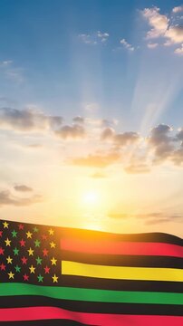 Alternative Juneteenth Flag with sunrise or sunset. Since 1865. Design of Banner with place for text. Vertical video for social media and stories.