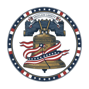 Vintage style emblem with liberty bell and american flag ribbons, american
