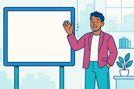 Man presenting beside blank display board in office with modern interior, clean layout and friendly gesture for creative branding mockup use. Ai generative