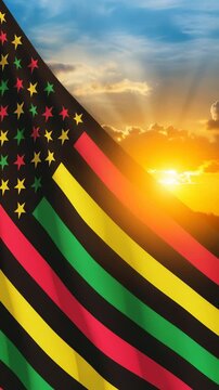 Alternative Juneteenth Flag with sunrise or sunset. Since 1865. Design of Banner with place for text. Vertical video for social media and stories.