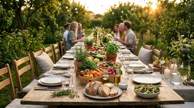 Friends sharing an outdoor garden dinner at a long rustic table with fresh vegetables, bread, candles and flowers in warm sunset light, creating a relaxed summer gathering scene for advertising and ed