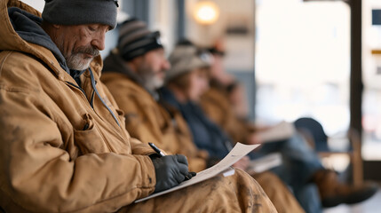 Fototapeta premium Coal mining town unemployment office waiting room, workers in worn work clothes completing job retraining intake forms, fossil fuel workforce transition program, just transition