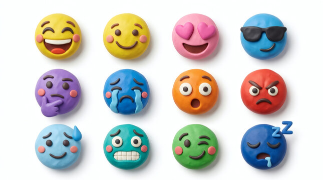 Clay emoji icons set featuring expressive plasticine faces like laughing crying angry and sleeping characters isolated on white background