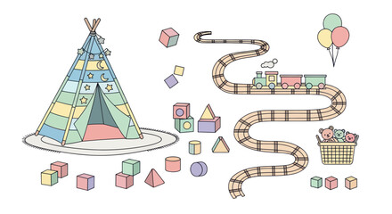 Childrens playroom toy set with teepee and wooden train © cekcok