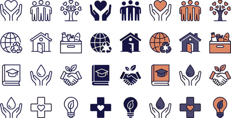 Obraz premium Community Support and Social Responsibility Icon Set Featuring Charity Education Healthcare Sustainability Recycling and Humanitarian Care