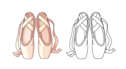 Pair of pink ballet pointe shoes and line art version © cekcok