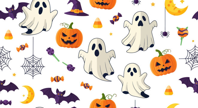 Seamless halloween pattern with friendly ghosts pumpkins and bats