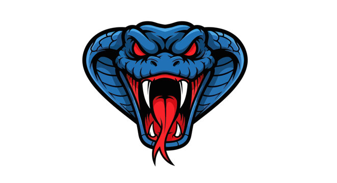 Aggressive blue cobra snake mascot with fangs out