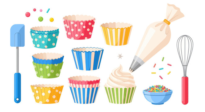 Colorful cupcake baking accessories and pastry tools