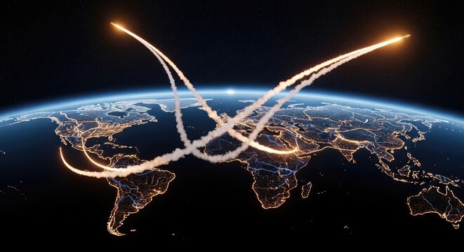 Arcing missile trajectories over a glowing world map.