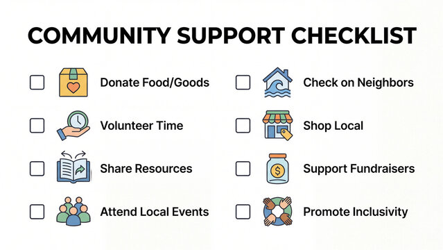 Community support checklist for donating goods volunteering time sharing resources attending events supporting fundraisers checking neighbors shopping local and promoting inclusivity
