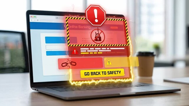 Online banking security alert on laptop screen showing warning signs and security breach notification with urgent message to go back to safety emphasizing cybersecurity and data protection protection