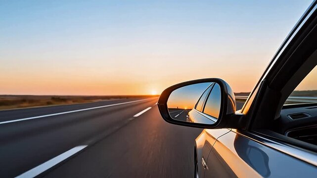 Car driving on highway at sunset