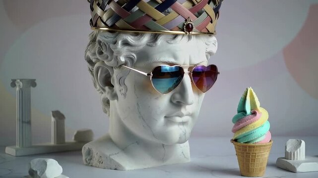 Unique sculpture with sunglasses and colorful ice cream in art setting