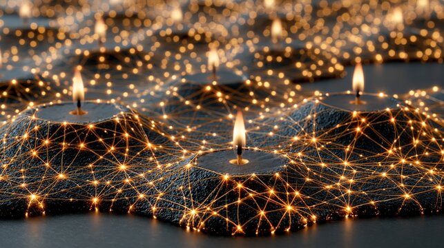 Neural light network connecting burning birthday candles on black ground with global AI data connections