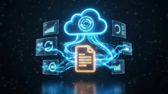 Cloud computing data storage digital file network connection technology information transfer futuristic interface data analytics synchronization system analysis digital document transfer network