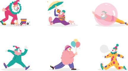 Obraz premium Cute circus clowns vector character set featuring flat style performers holding colorful balloons umbrella floating inside bubble running and making fun poses isolated on white background
