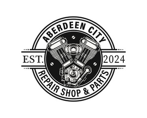 Fototapeta premium Vintage style motorcycle engine repair shop emblem design element