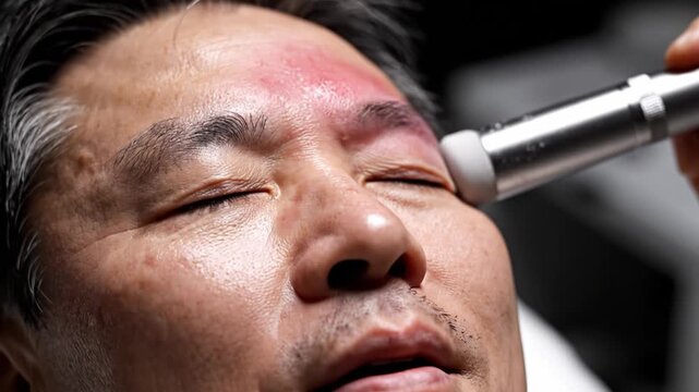 Man receives professional cryotherapy facial treatment. Cold probe targets the forehead area to rejuvenate skin and reduce inflammation. Ideal for skincare and aesthetic medicine content.