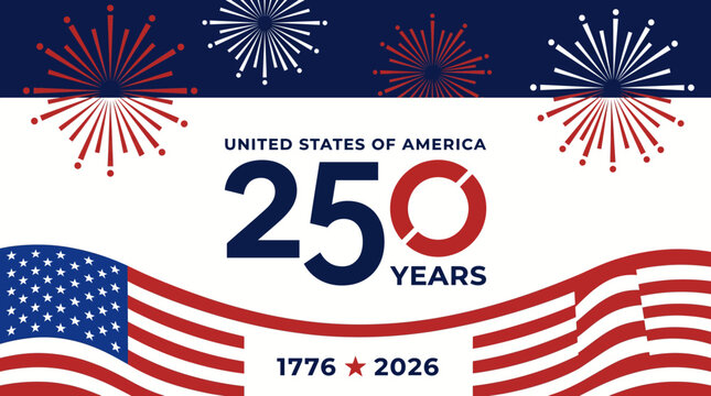 USA 250th Anniversary Semiquincentennial Banner Vector 1776 2026 American Flag Fireworks Patriotic Celebration Independence Day Red White Blue Horizontal Design