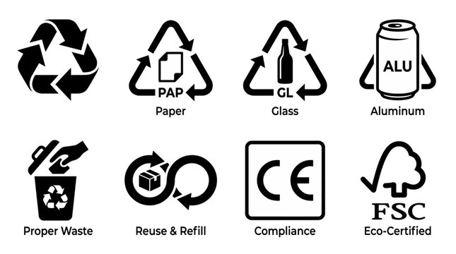 Recycling Symbol Icon Set Vector Collection Eco Packaging Label Paper Glass Aluminum Proper Waste CE Compliance FSC Certified Green Environment
