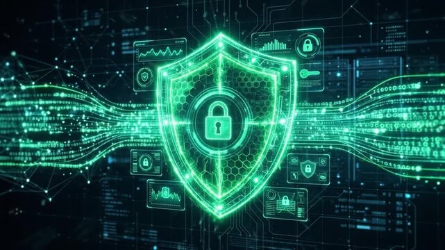Cybersecurity shield lock with digital data flow and network protection featuring advanced security technology for information encryption, secure system access, and privacy safety interface
