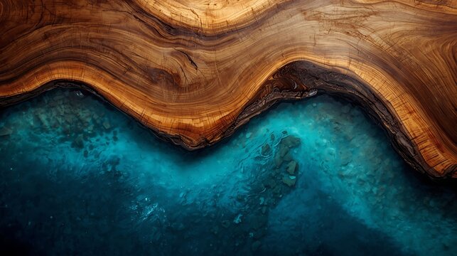 Top-down view of a live-edge olive wood slab with vibrant blue epoxy resin river mimicking ocean waves