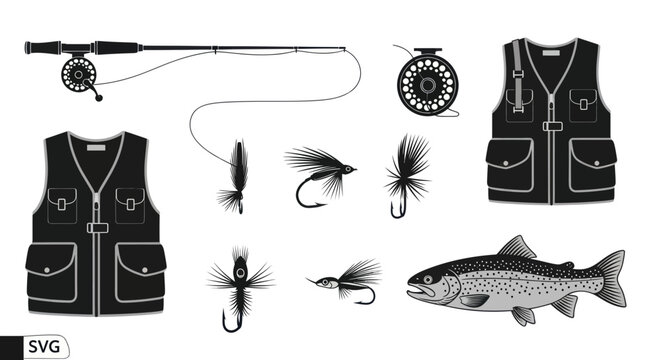 fly fishing gear, vest, rod, trout
