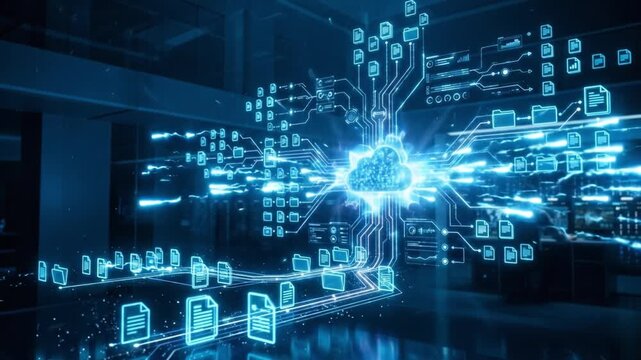 Cloud computing digital data technology network file transfer glowing futuristic file icons information system data storage network connection data flow virtual electronic data transfer concept with