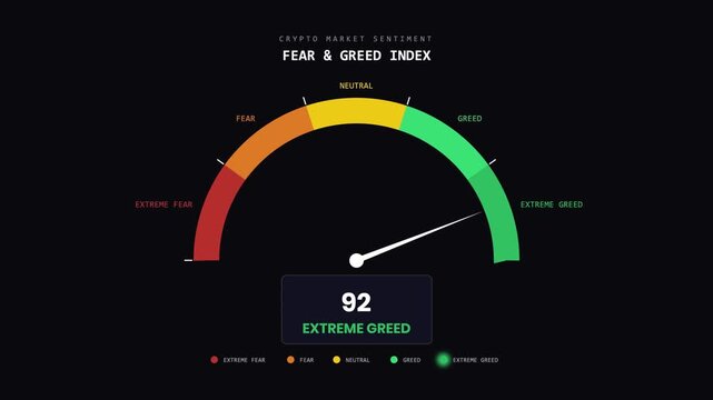 Crypto Market Sentiment Fear & Greed Index gauge animation with a dynamic swinging needle and counting numbers.