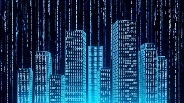 Digital cityscape with binary code