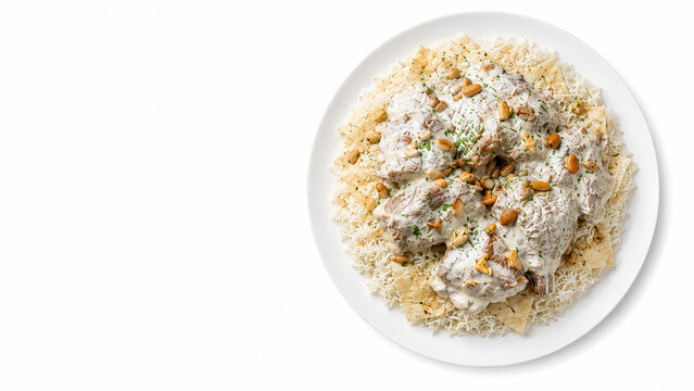Mansaf giordano con agnello, riso, salsa allo yogurt e pinoli su piatto. Generative AI 