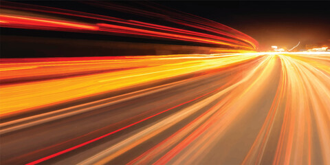 An abstract long exposure captures the fast motion blur of red car light trails rushing down an urban highway asphalt road at night © Midul