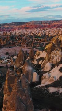 Aerial view of fairy chimneys and volcanic rock formations near G&ouml;reme in Cappadocia. One of Turkey&rsquo;s most iconic and spectacular landscapes.
