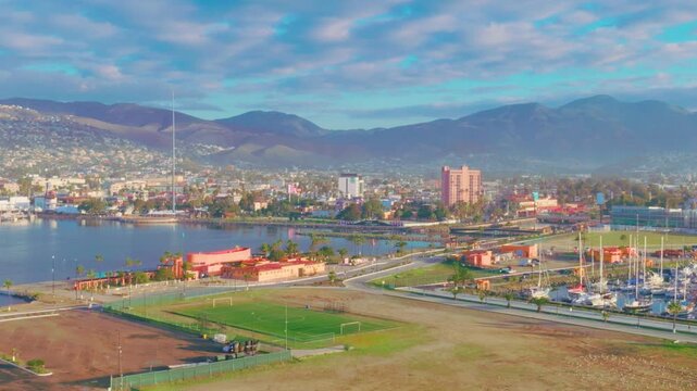 Aerial panoramic view of  Ensenada Mexico coastal city bay and marina